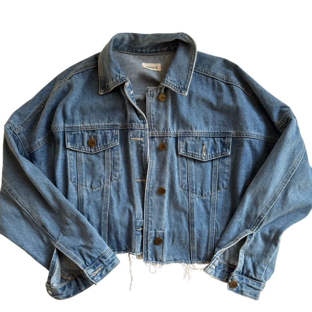VTG Mono B Cropped Light Wash 100% Cotton Denim‎ Jacket with Raw Hem, Size S